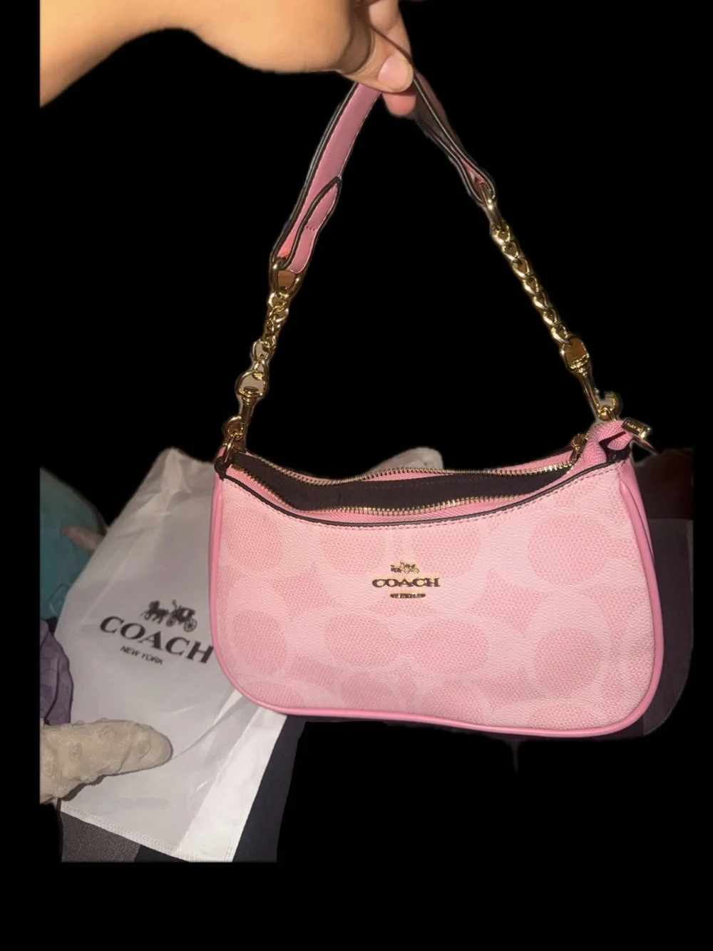 Coach Pink Signature Mini Shoulder Bag with Gold-Tone Chain